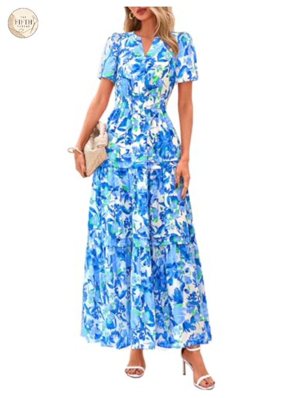 Women's Boho Floral Maxi Dress Short Sleeve V Neck Tiered Beach Vacation